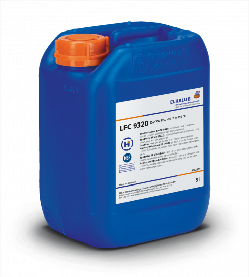 ELKALUB LFC 9320 Poly-alpha-olefin Öl im blauen 5-l-Kanister. Auf dem Etikett sind ein NSF- und ein H1-zertifiziert-Logo aufgedruckt.