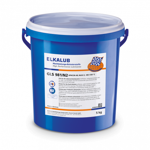 ELKALUB GLS 981/N2 Fett für die Lebens­mittel­industrie im blauen 5-kg-Eimer. Auf dem Etikett sind ein NSF- und ein H1-zertifiziert-Logo aufgedruckt.