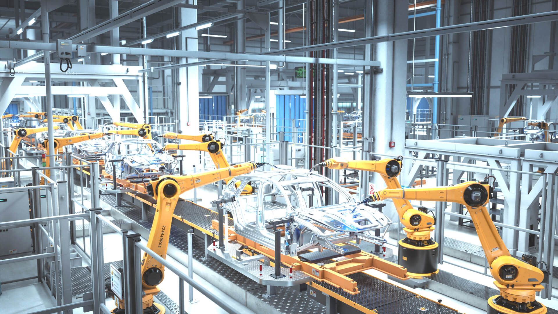Eine Produktionsanlage für PKWs in einer großen Industriehalle. Die Fahrzeuge befinden sich auf einem Förderband. Roboterarme, die links und rechts neben dem Band stehen, schweißen Teile an die Karosserie.