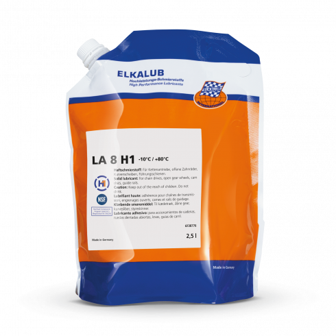 ELKALUB LA 8 H1 Ketten- und Haft­schmier­stoff im 2,5-l-Schlauchbeutel mit orange-blauem Aufdruck und weißem Etikett. Auf dem Etikett sind ein NSF- und ein H1-zertifiziert-Logo aufgedruckt.